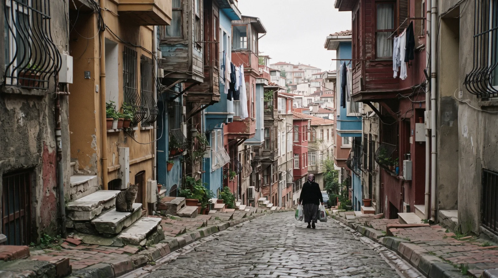 Painted houses on a steep lane in Balat above the Golden Horn in Istanbul, Türkiye