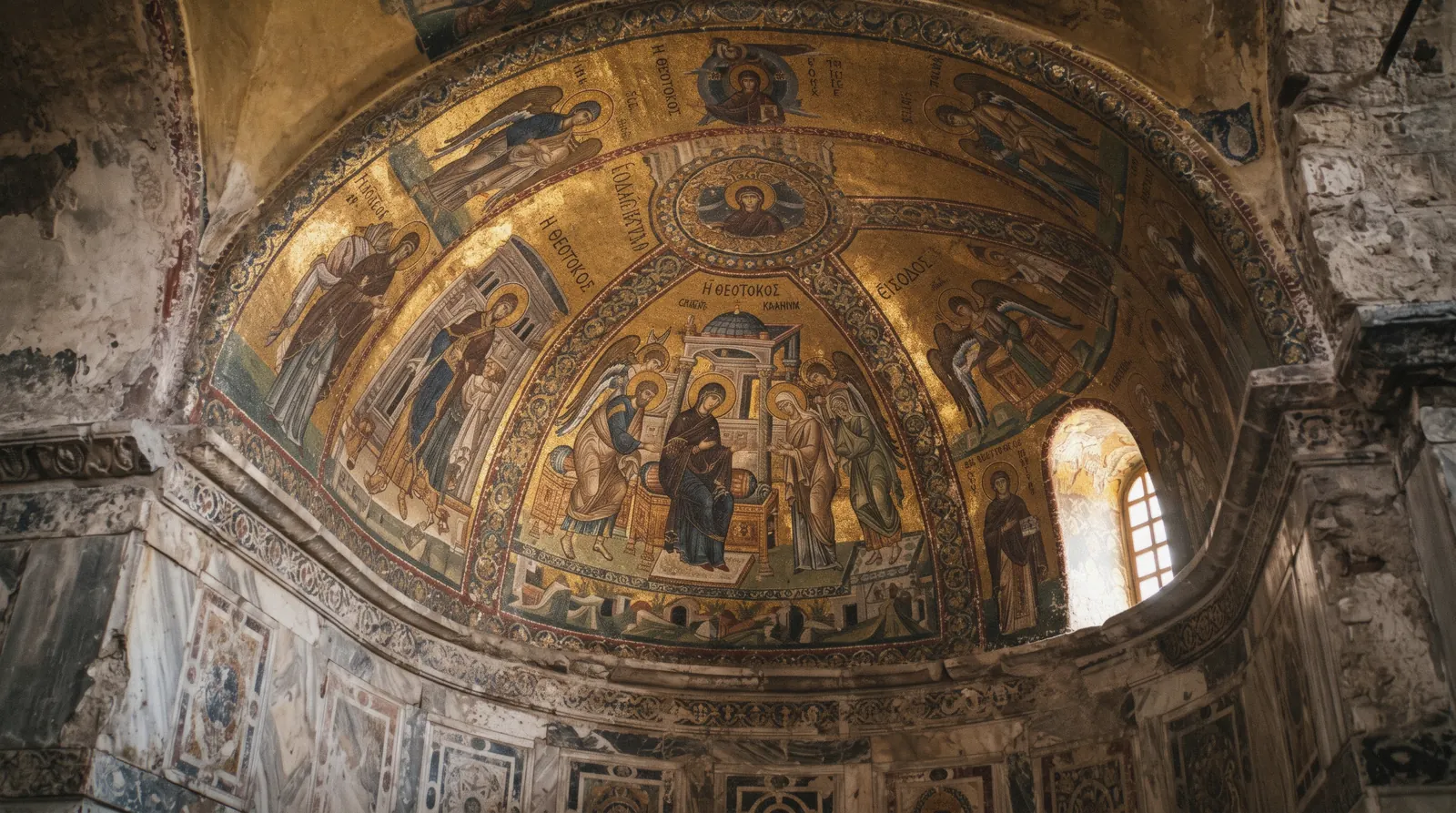 Byzantine mosaics in the domed narthex of the Chora church, now Kariye Mosque, in Istanbul, Türkiye