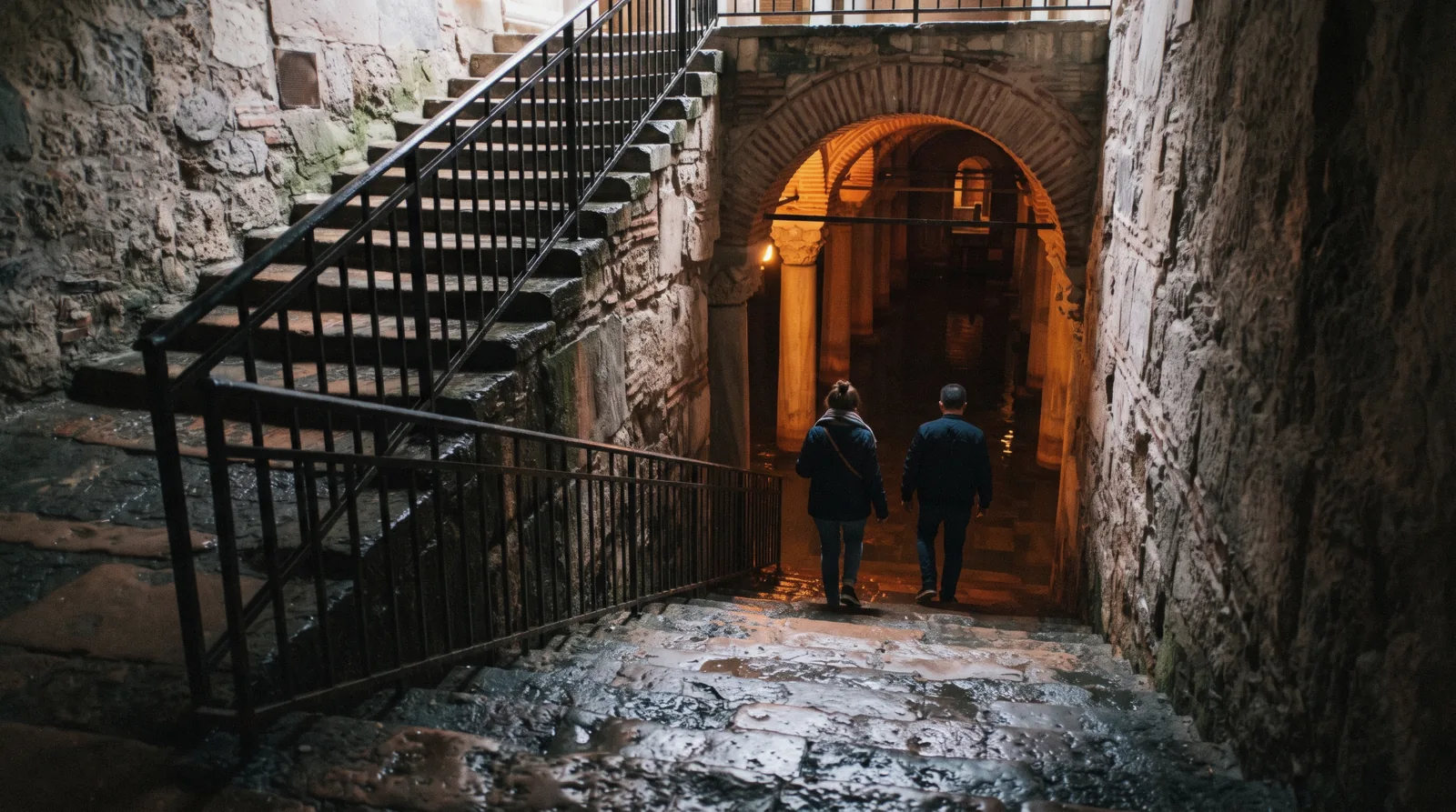 The entrance stairway down into the Basilica Cistern in Sultanahmet, Istanbul, Türkiye