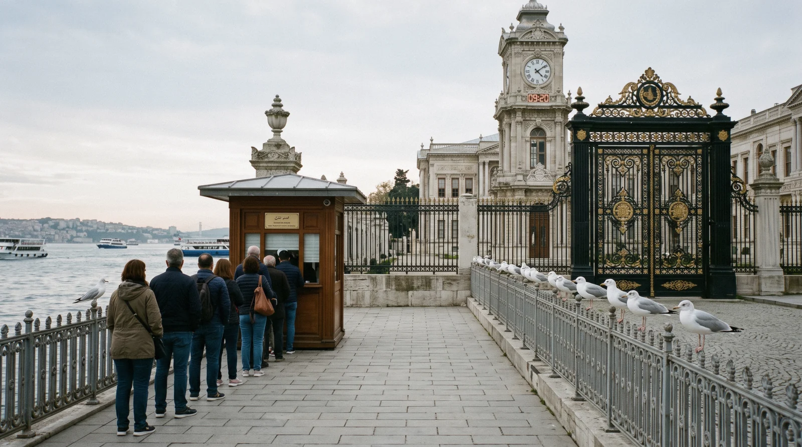 Ticket gate and the clock tower at the entrance to Dolmabahce Palace in Istanbul, Türkiye