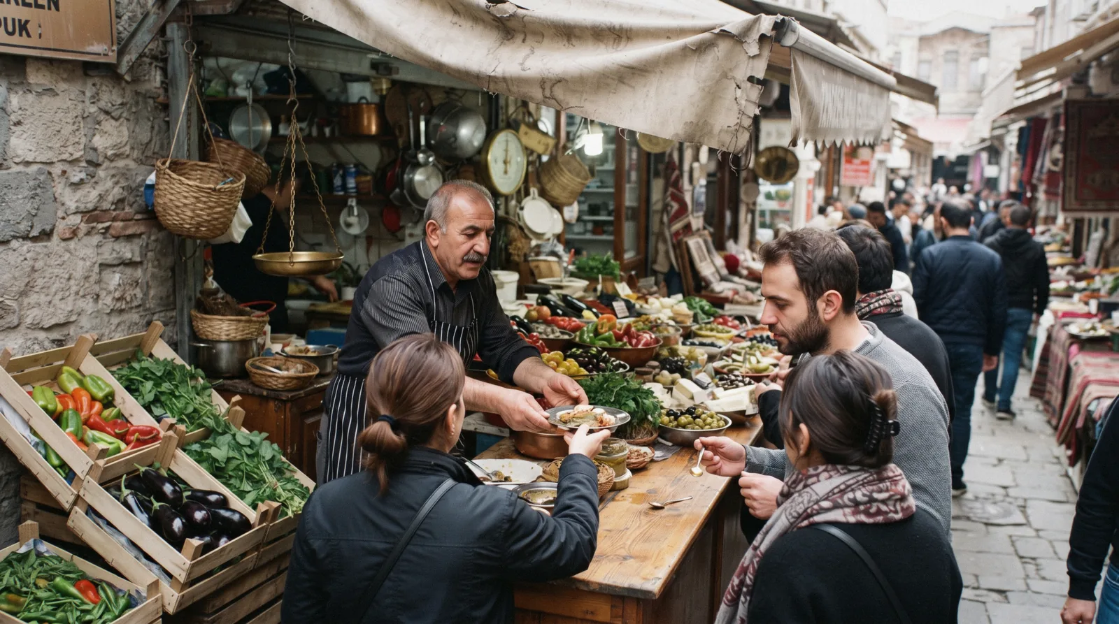 A small group tasting street food at a market counter on a food tour in Istanbul, Türkiye