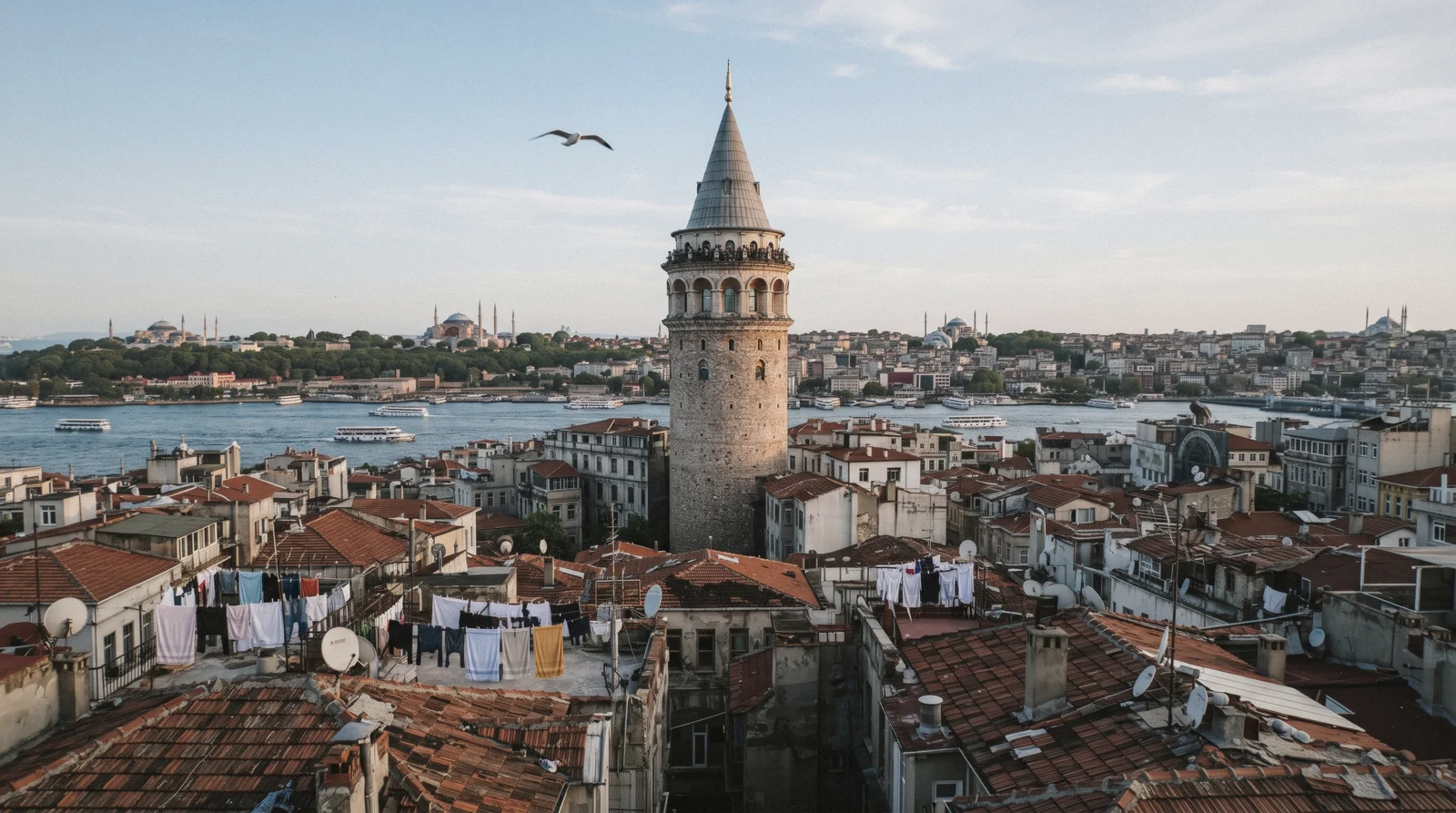 The conical roof of the Galata Tower above the rooftops of Beyoglu in Istanbul, Türkiye