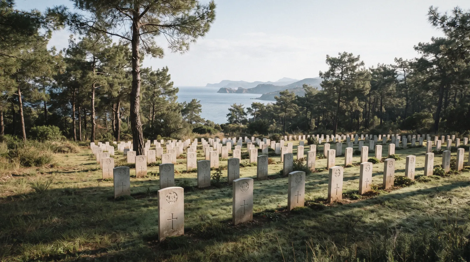 Memorials and pine woods above Anzac Cove on the Gallipoli peninsula, Türkiye