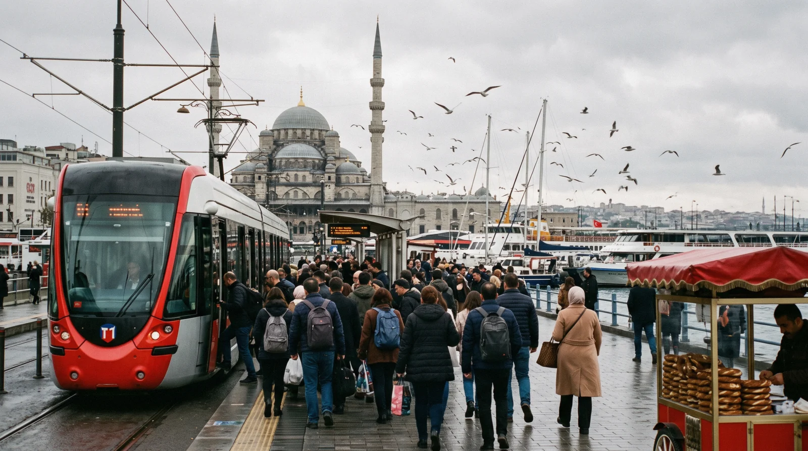 Commuters boarding the T1 tram beside the ferry piers at Eminonu in Istanbul, Türkiye