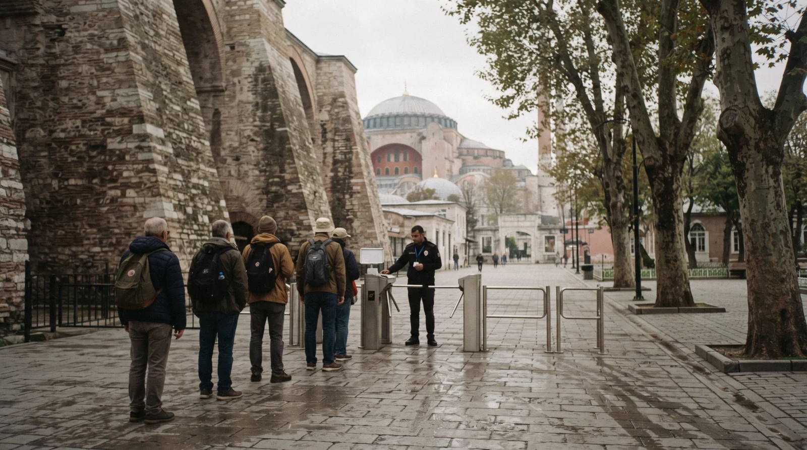 Visitors queueing at the ticket gate below the buttresses of the Hagia Sophia in Istanbul, Türkiye