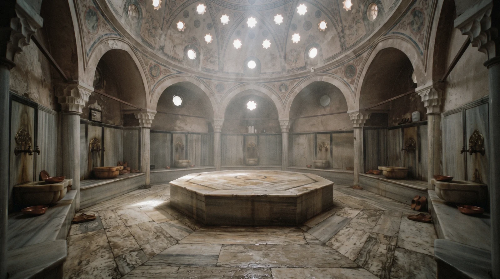Marble navel stone under the domed roof of a historic Turkish bath in Istanbul, Türkiye