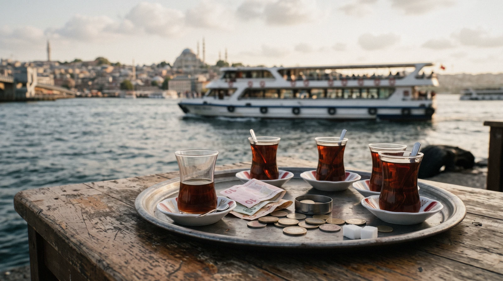A tea seller's tray and lira notes on a table beside the ferry pier in Istanbul, Türkiye