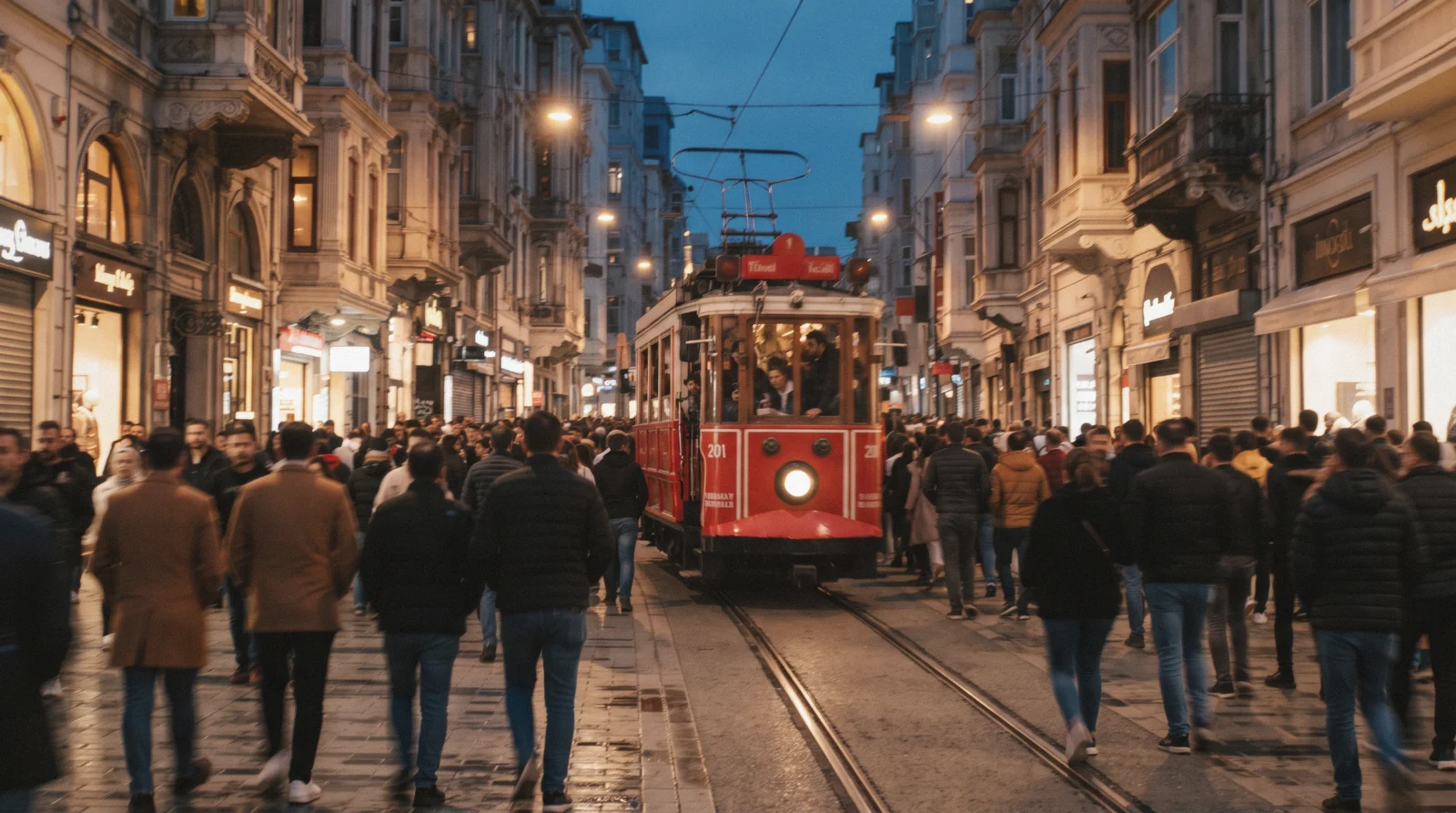 The red heritage tram moving through the evening crowd on Istiklal Street in Istanbul, Türkiye