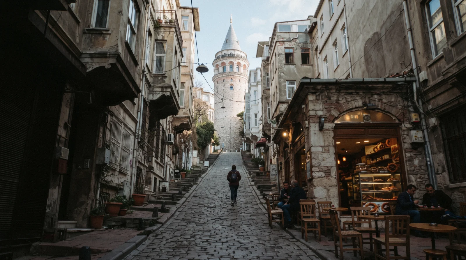 Cafe tables and steep lanes below the Galata Tower in Karakoy, Istanbul, Türkiye