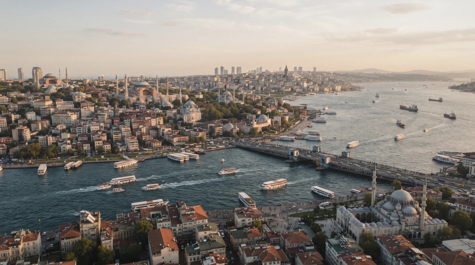 The old city, the Golden Horn and the Bosphorus seen from above in Istanbul, Türkiye
