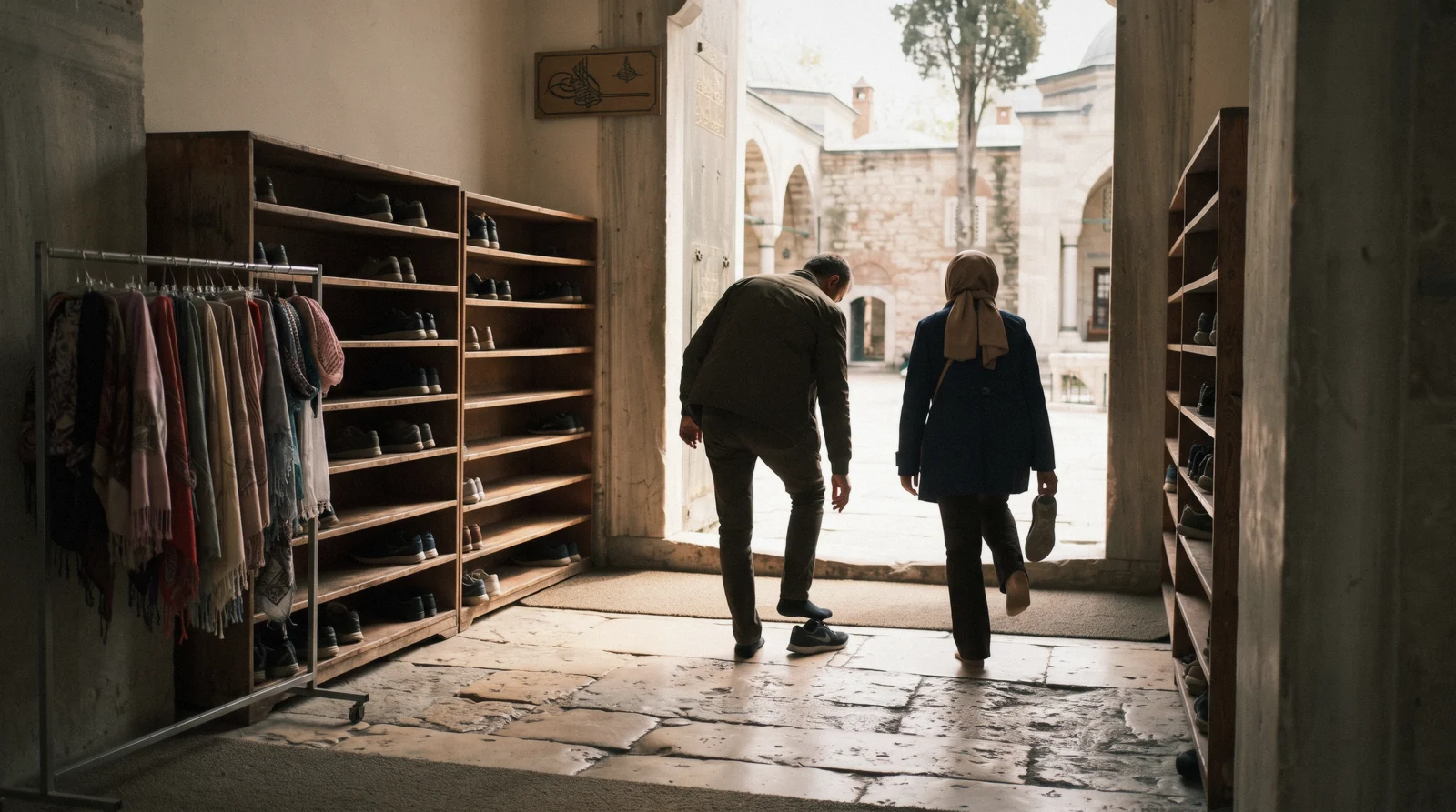 Shoe racks and visitors removing footwear at a mosque entrance in Istanbul, Türkiye
