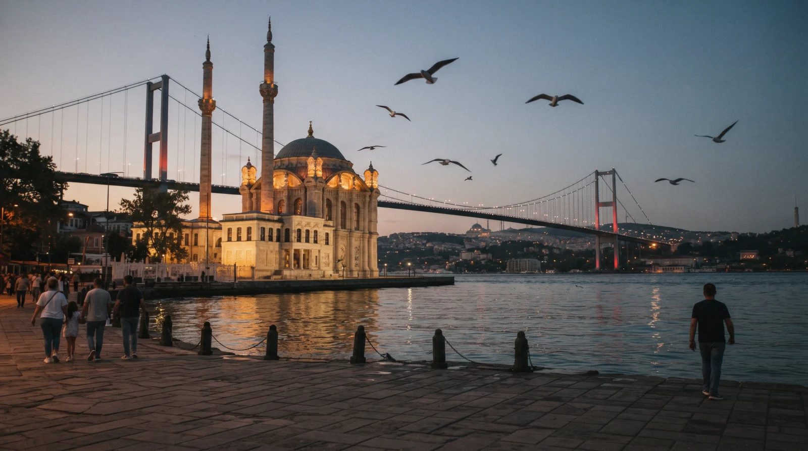 The waterfront mosque at Ortakoy beneath the Bosphorus bridge in Istanbul, Türkiye