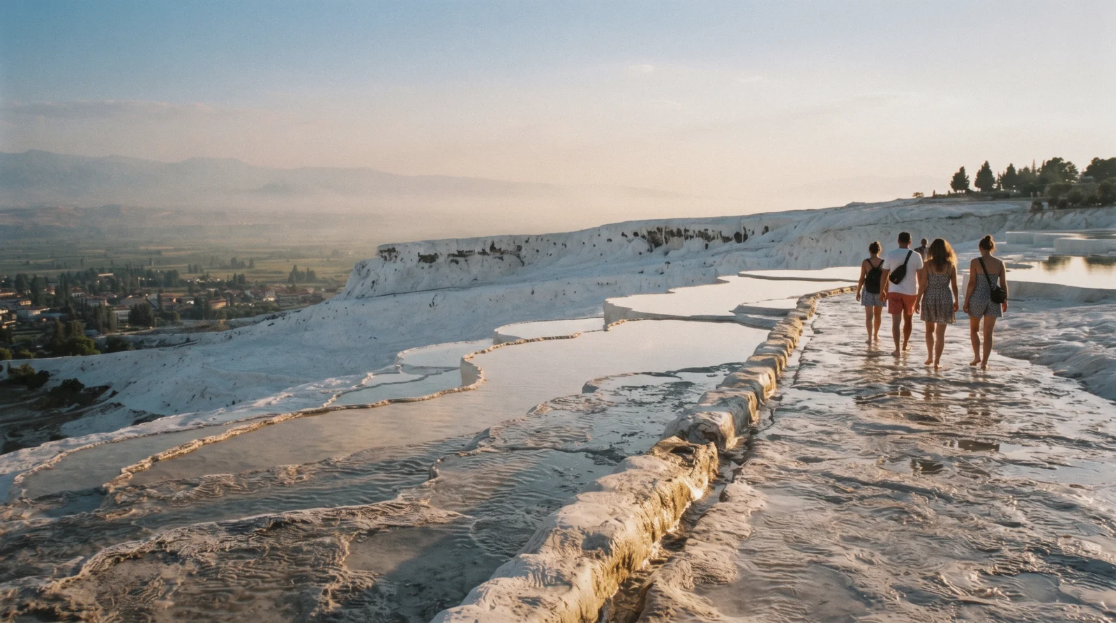 White travertine terraces at Pamukkale with pools of water, on a trip from Istanbul, Türkiye