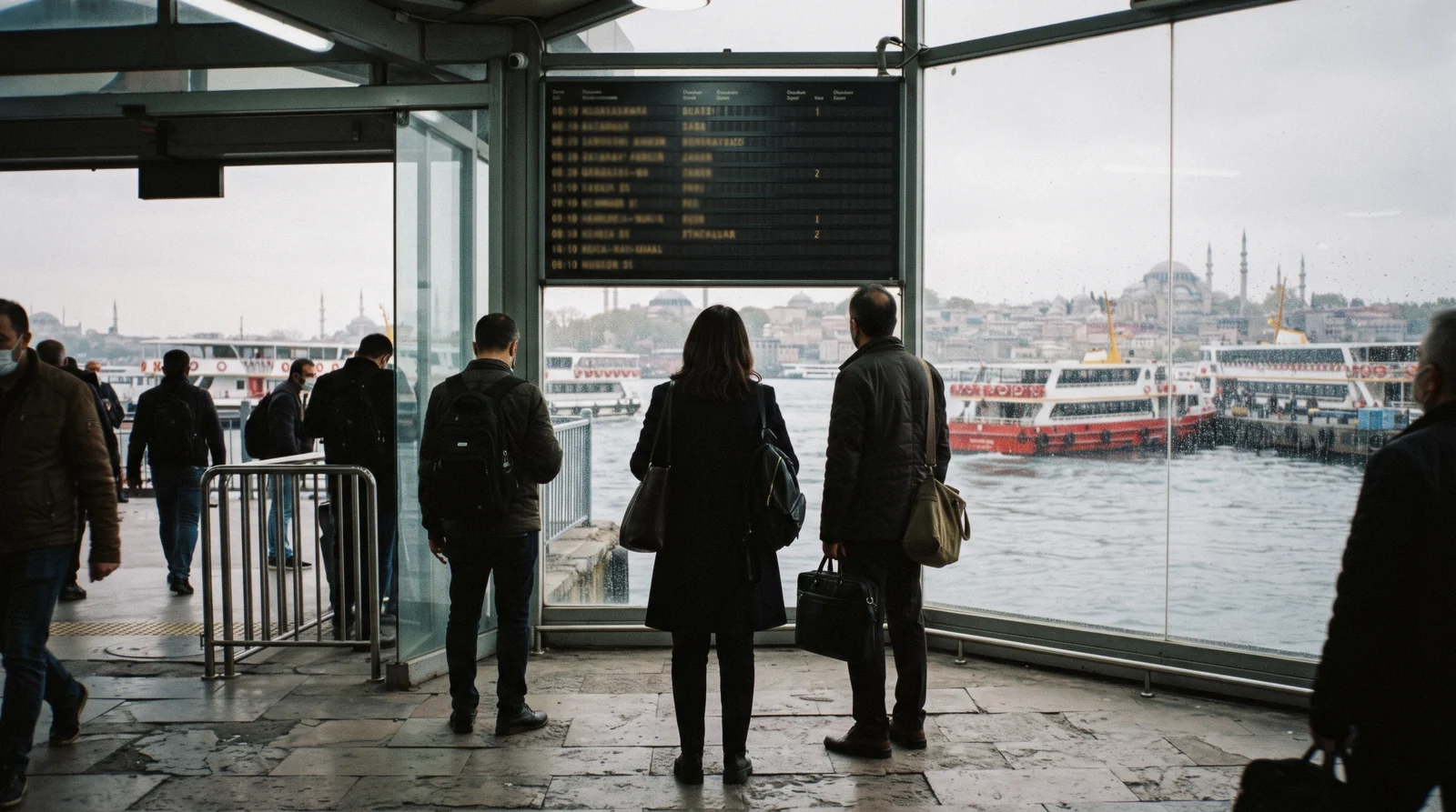A ferry timetable board and commuters at a pier in Istanbul, Türkiye