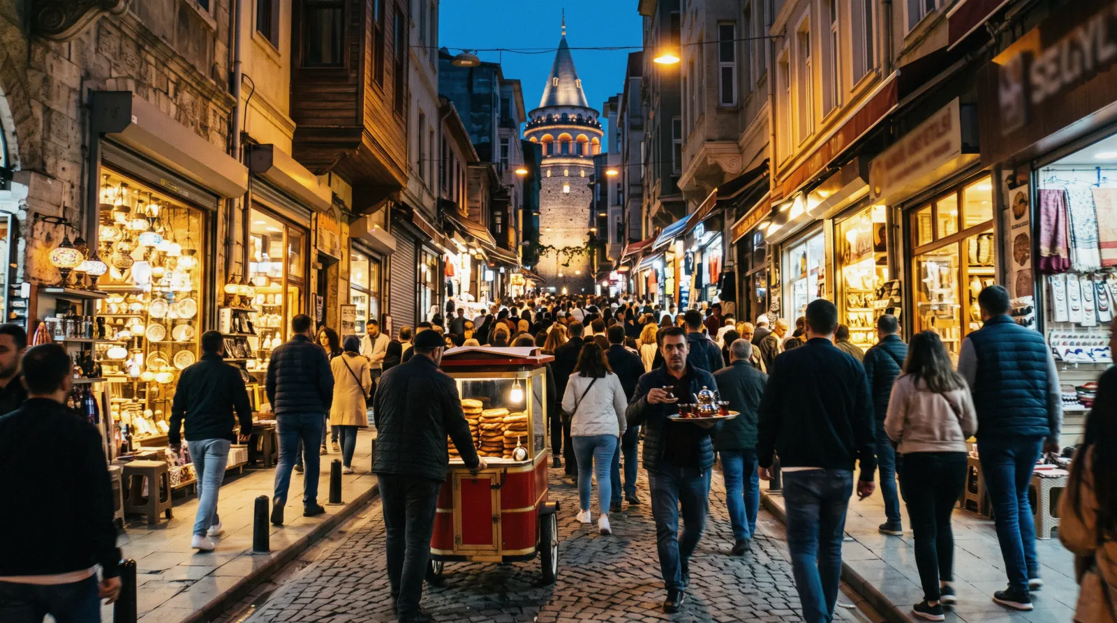 Evening crowds on a busy street below Galata in Istanbul, Türkiye