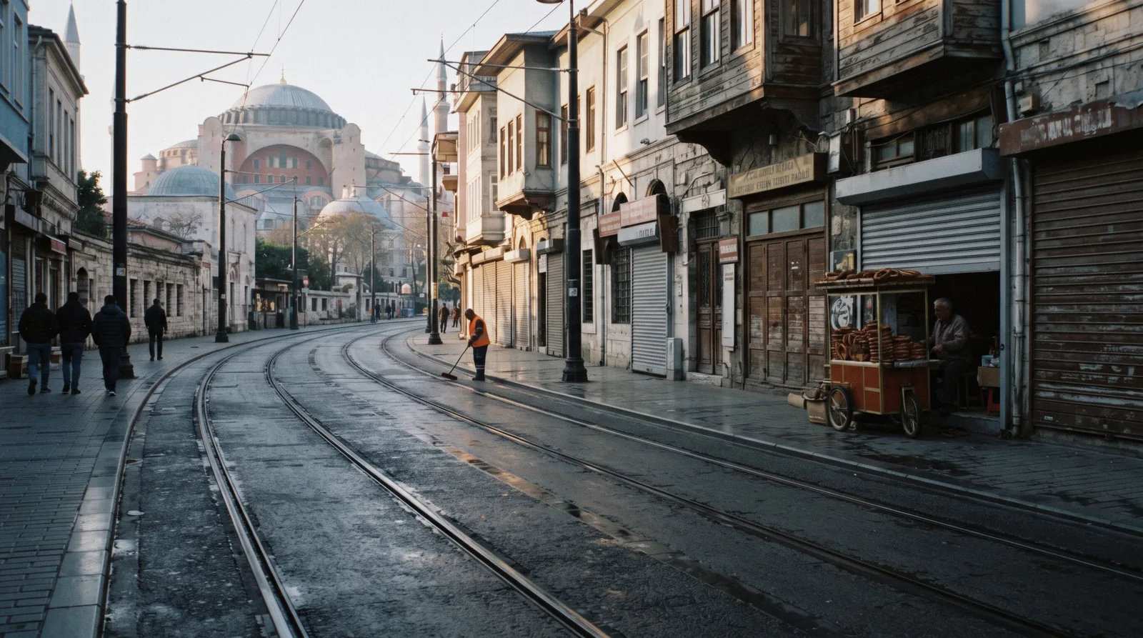 Early morning on Divan Yolu in Sultanahmet, the tram line running toward the old city in Istanbul, Türkiye