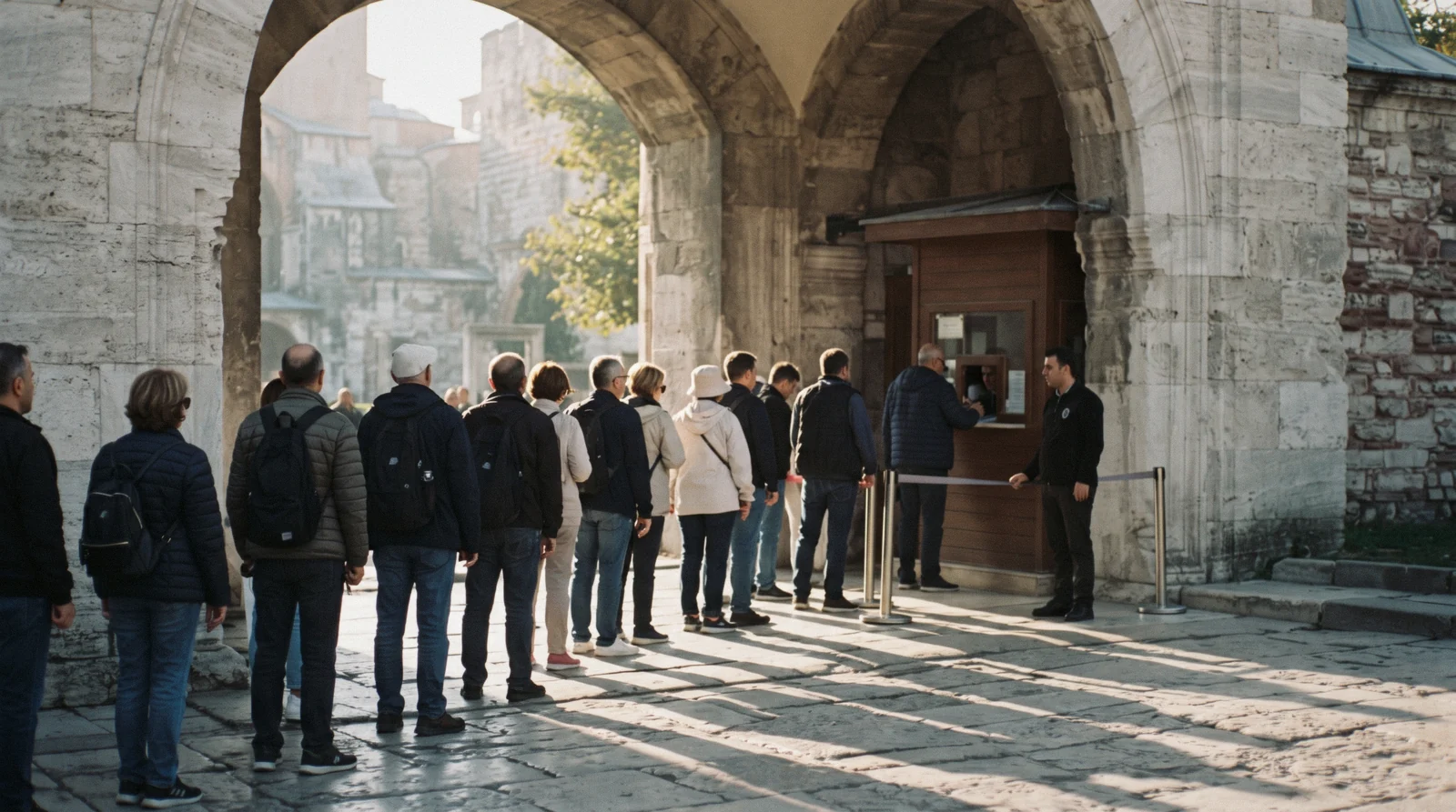 Ticket booths and a queue outside a monument in Sultanahmet, Istanbul, Türkiye