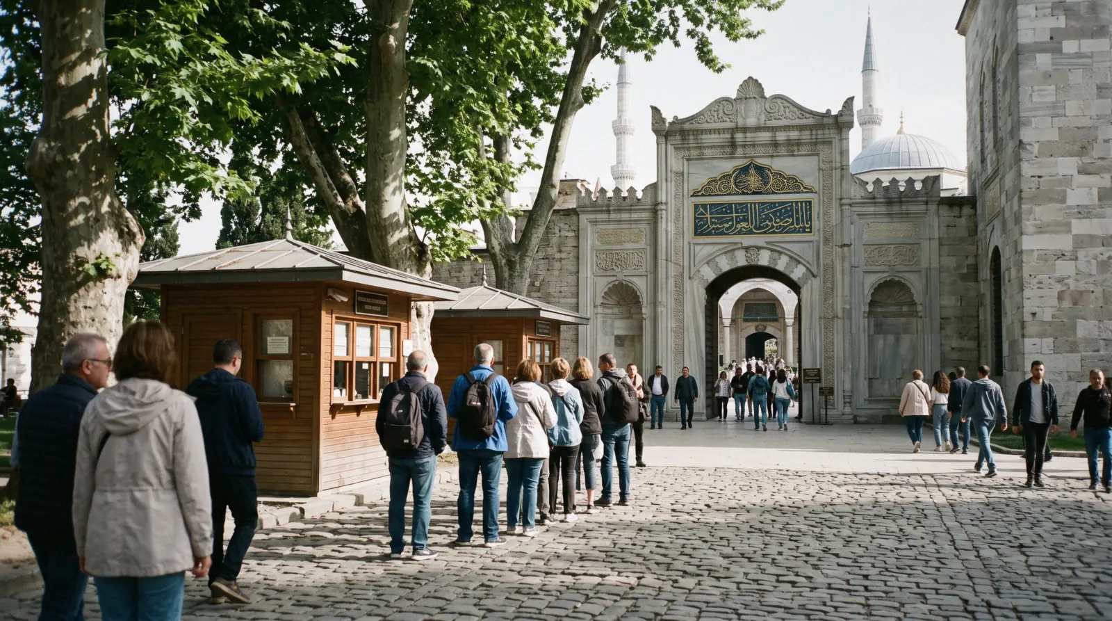Visitors at the ticket booths outside the Imperial Gate of Topkapi Palace in Istanbul, Türkiye