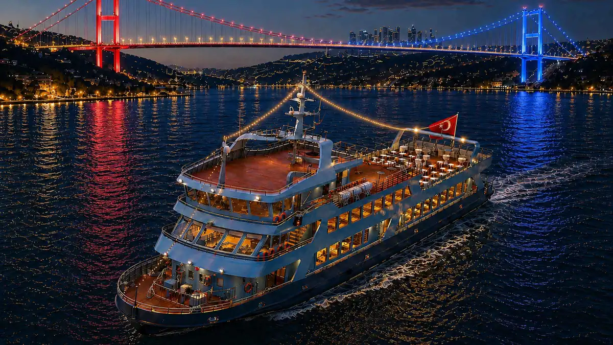 Dinner cruise boat lit at night below the Bosphorus Bridge in Istanbul, Türkiye