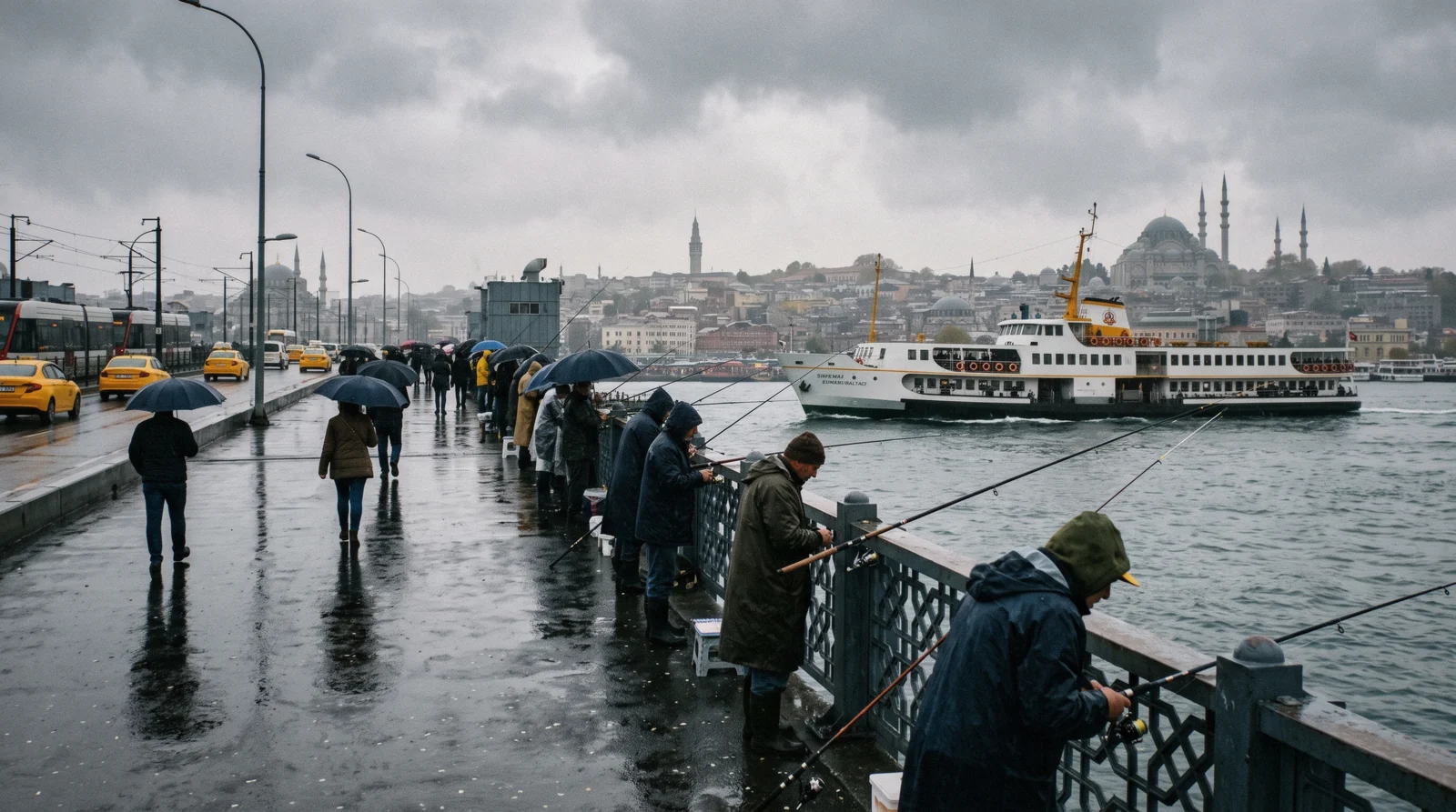 Rain on the Galata Bridge with ferries crossing behind, autumn weather in Istanbul, Türkiye