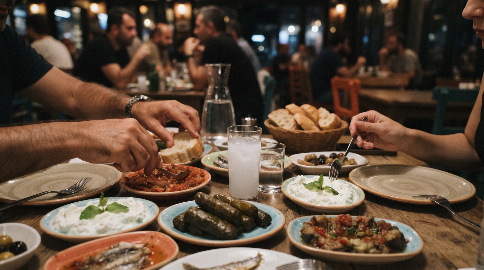 Meze plates and bread on a table at a meyhane in Istanbul, Türkiye