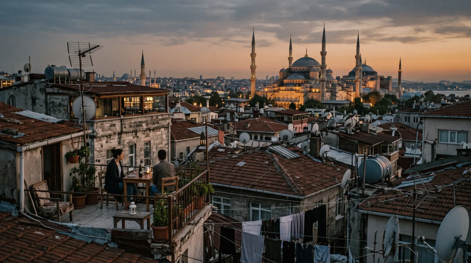 Rooftop terraces and hotel windows over the rooftops of Sultanahmet in Istanbul, Türkiye